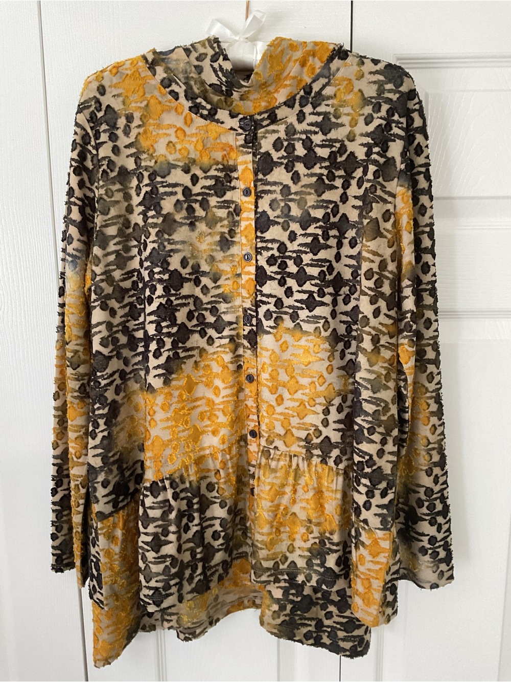 Logo 2 piece jacquard Long-Sleeve Button Front Tunic Top in Mustard abstract